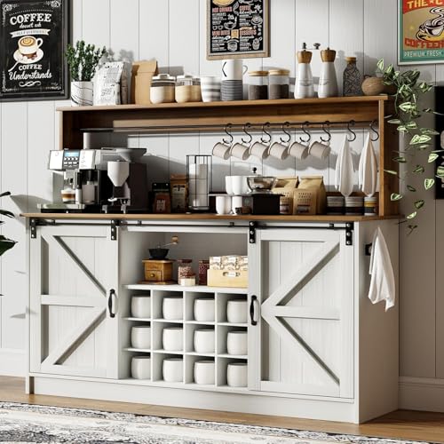 55" Farmhouse Coffee Bar Cabinet with Storage Hutch (55Inch / White)