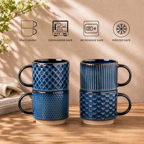 12 OZ Stackable Coffee Mugs Set of 4 (Deep Sea / 12oz (With Stand))