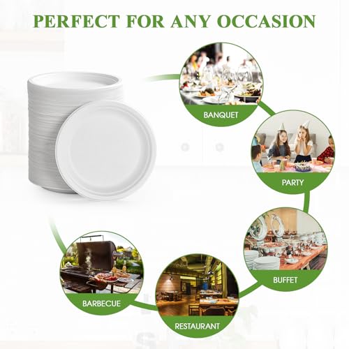 350 Pack Compostable Bagasse Paper Plates 6.9 inch (White / 7 IN Round Plates)