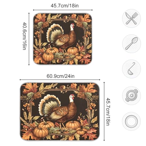 Thanksgiving Turkey Pumpkin Dish Drying Mat for Kitchen Counter Absorbent Microfiber Drying Pad (16" x 18")