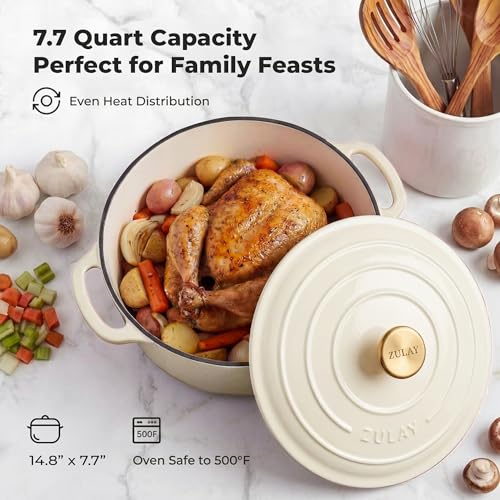 7.7 Quart Enameled Cast Iron Dutch Oven Pot with Lid (Ivory / 7.7 Quart)