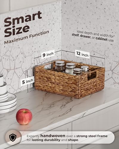 Woven Water Hyacinth Storage Baskets with Handles (Brown / Rectangular Basket_Pack 6)
