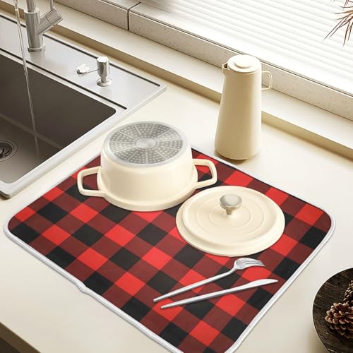Christmas Red Black Buffalo Plaid Dish Drying Mat for Kitchen Counter Absorbent Microfiber Small Drying Pad Dish Mats for Kitchen Countertops 16 x 18 Inch (18" x 16")