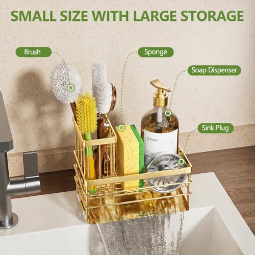 Gold Sink Caddy Sponge Holder for Kitchen with Brush Holder and Stainless Steel Self Drain Tray (8.26'' / Gold)