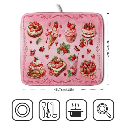 Pink Strawberry Dish Drying Mat for Kitchen Counter Small 18 X 16 In (Strawberry Pink 328 / 18" x 16")