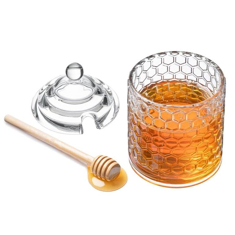 Glass Honey Pot with Beehive Lid and Wooden Dipper