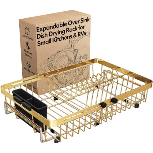 Gold Expandable Dish Drying Rack Over The Sink with Anti Slip Grip (Gold / For 13-30" W Sink)