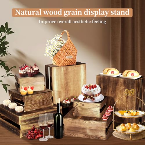 4 Pcs Buffet Risers with Mini Signs (Rustic Dark Brown / 4 Pcs (8.0", 7.0", 6.5", 5.5"))