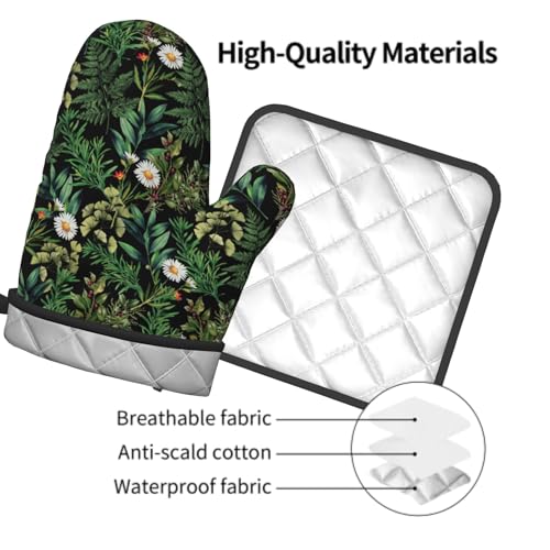 Green Botanical Oven Mitts and Pot Holder Kitchen Accessories Sets Fern Leaves Heat Resistant Baking Cooking Oven Gloves Washable Potholder (Green Botanical)