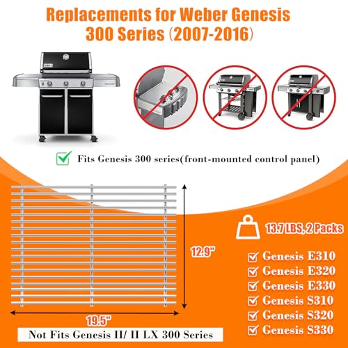 SUS304 Grill Grates for Weber Genesis 300 Series (19.5"x 12.9", For Genesis 300 Series)