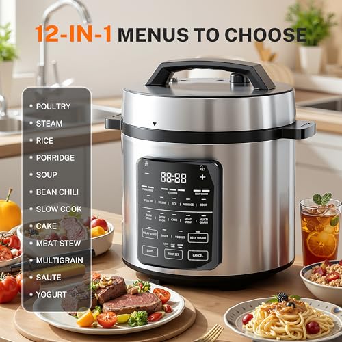 14-in-1 Electric Pressure Cooker - 6QT Stainless Steel Slow & Rice Cooker, Steamer, Sauté, Yogurt Maker, Multi-Cooker with Dishwasher-Safe & Non-Stick (Stainless Steel/Black 6Qt / 6 Quarts)