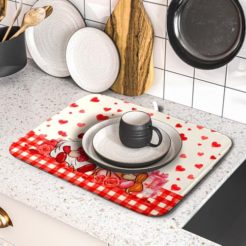 Love Gnome Dish Drying Mat 16"x18" Red Heart Microfiber Dish Drainer Rack Mat Holiday Absorbent Dishes Pad for Kitchen Counter Sink Decor (Love Gnome / 16" x 18")