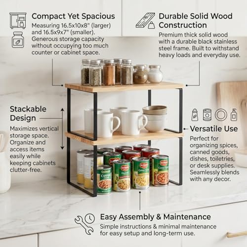 Large Cabinet Shelf Organizers Solid Wood Spice Rack Organizer for Cabinet Kitchen Countertop Storage