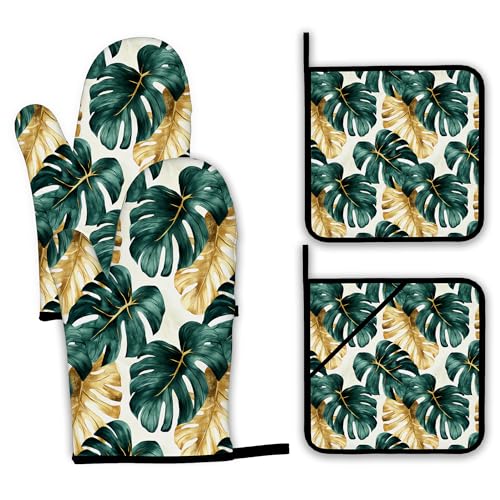Palm Leaf Golden Tropical Oven Mitts and Pot Holders Set (4 Count)