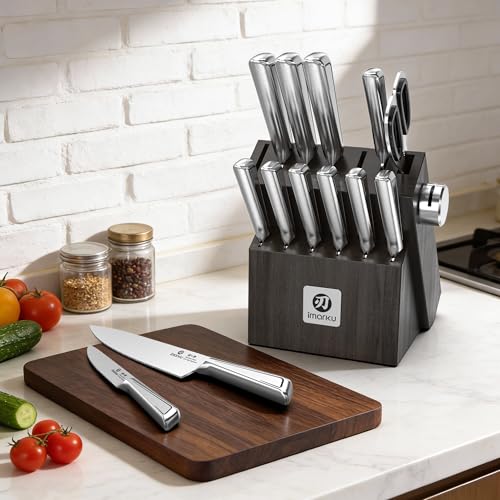 Japanese High Carbon Stainless Steel Knife Set with Block (Silver Gray)