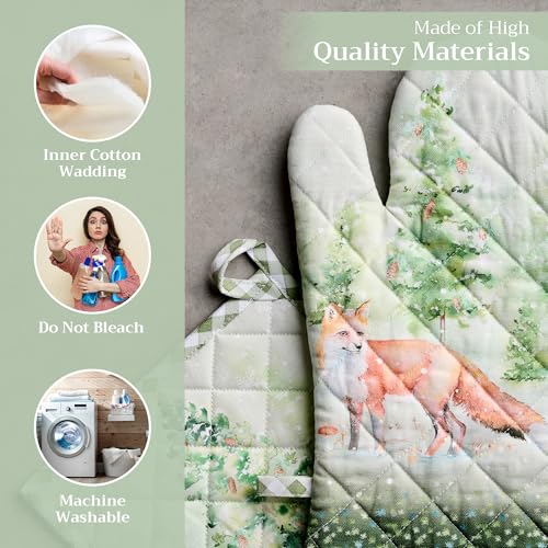 100% Cotton Oven Mitt & Pot Holder Set (097 - Winter Mornings / 7.5" x 13" & 8" x 8" (Oven Mitt & Pot Holder))