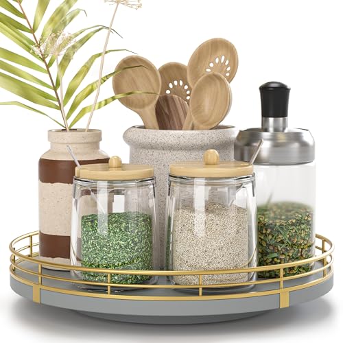 9 Inch Gray Lazy Susan Spice Organizer for Cabinet with Gold Rail (Gray & Gold / 9)