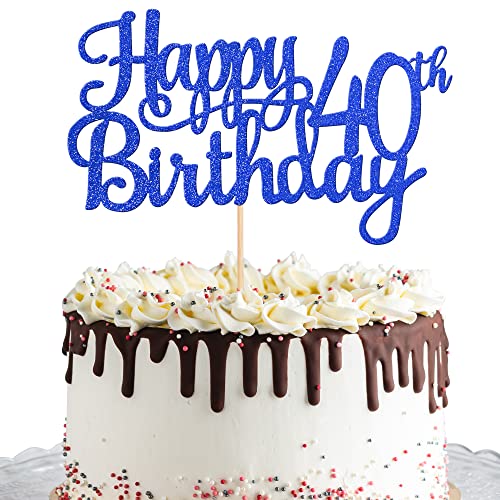 1 PCS Happy 40th Birthday Cake Topper Glitter Cheers to 40 Years Birthday Cake Pick 40 Fabulous Cake Decoration for Happy 40th Birthday Anniversary Party Decorations Supplies Blue (Blue / 40th)