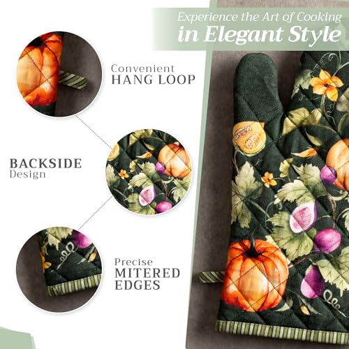 Maison d'Hermine Oven Gloves 100% Cotton Oven Mitt (026 - Pumpkin Garden - Dark Green / 7.5" x 13" (Oven Mitt))