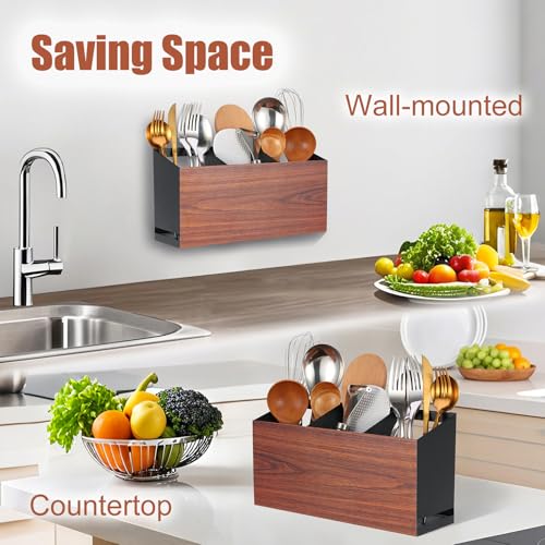 Utensil Holder Large Iron Flatware Container with 3 Compartments Countertop Wall
