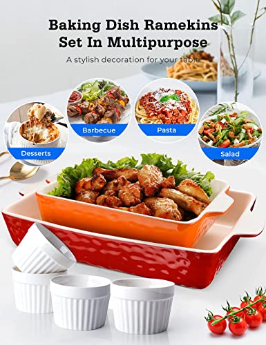 Ceramic Baking Dish and Ramekins Set Casserole Dish with Handles Packaging Upgrade Nonstick Ceramic Bakeware Ramekins Bowls for Baking Souffle (Red)