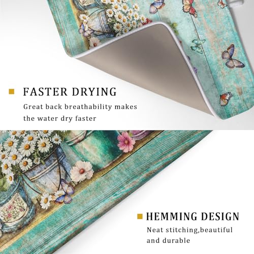 Spring Floral Rustic Dish Drying Mat for Kitchen Counter Absorbent Microfiber Large Drying Pad 18 x 24 Inch Flowers Jars (Green Flowers Jars / 24" x 18")