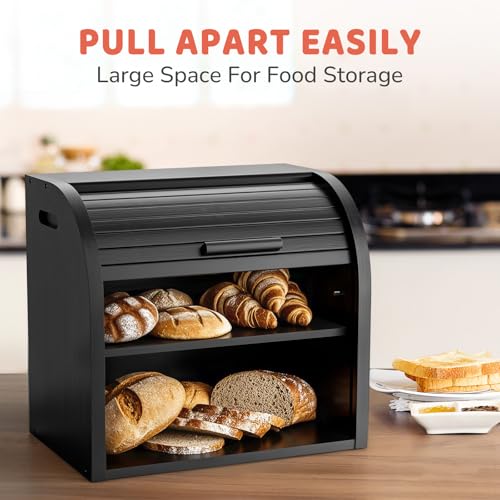 2 Tier Bamboo Bread Box for Kitchen Counter (Black / Large)