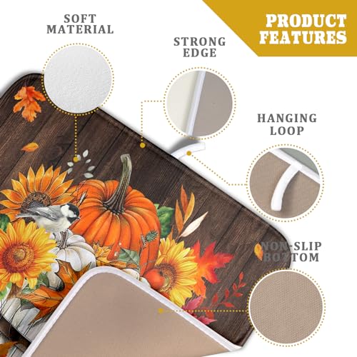 Fall Pumpkin Dish Drying Mat for Kitchen Counter Decor 16x18 Inch Halloween Thanksgiving Dish Drainer Mats Absorbent Reversible Dishes Pad (Pumpkin Bucket / 16" x 18")