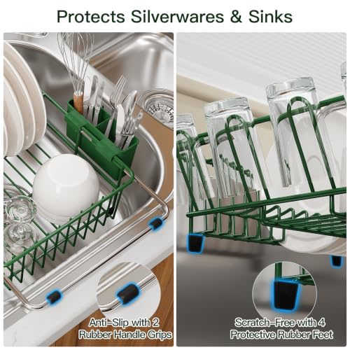 Green Expandable Dish Drying Rack Over Sink with Anti (Green / For 11.5"-16" W Sink with Cup Holder)