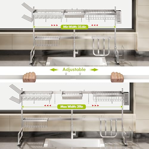 Over The Sink Dish Drying Rack with Cup and Utensil Holder (Silver / 2 Tier, Over Sink)