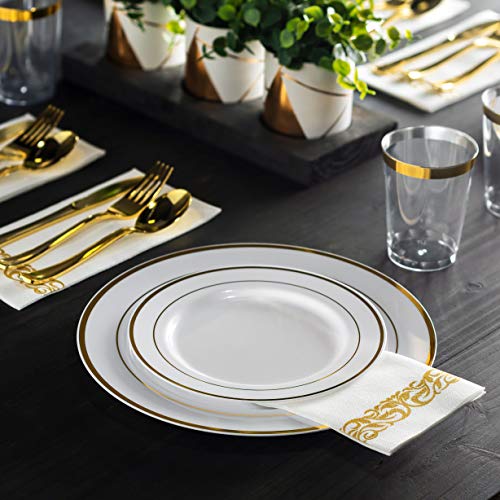 100 Piece Plastic Party Plates White Gold Rim (White / Gold Rim)