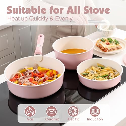 17 Piece Ceramic Detachable Handle Pots and Pans Set Pink (Pink / 17 Piece)