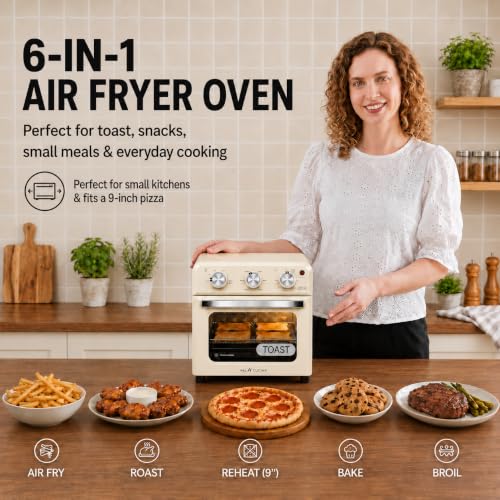 6-in-1 Retro Air Fryer Toaster Oven Combo, Compact 12.7 QT Small Countertop Convection Oven, Fits 9" Pizza & 4 Toast, Hexagon Hybrid Heating, Enamel Baking Pan Included, Almond Yellow Color (12.7-QT Almond Yellow Color)