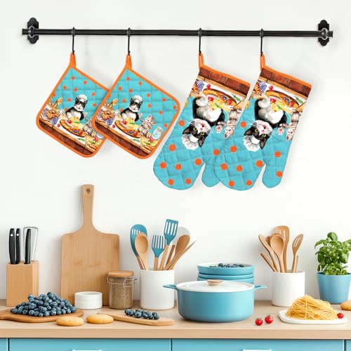 Cute Cat Oven Mitts and Pot Holders Set (Cat / Oven Mitt x2 & Pot Holder x2)