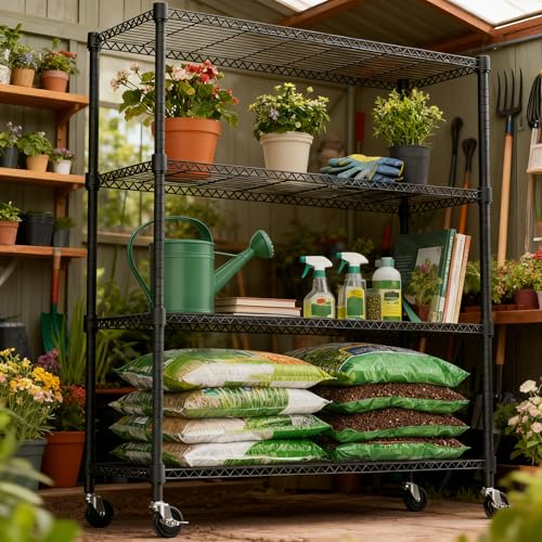 1400LBS 47.2" W 4 Tiers Storage Shelves Metal Shelving Unit with Wheels Heavy Duty Garage Shelving Adjustable Wire Shelves for Pantry (4 Tiers, 17.7"D x 47.2"W x 62.7"H / Black)