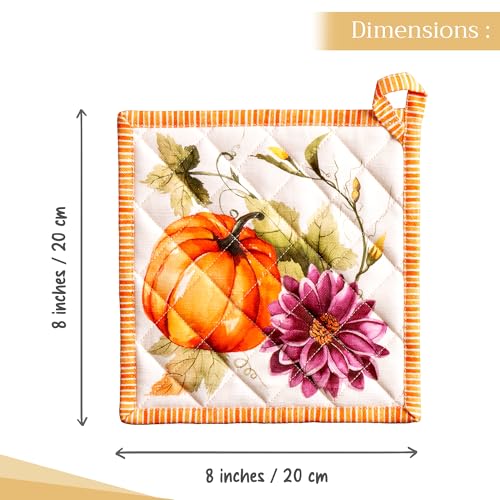Pot Holders 100% Cotton Potholders (069 - Pumpkin Garden - Cloudy Cream / 8" x 8" (Pot Holder Pack of 1))