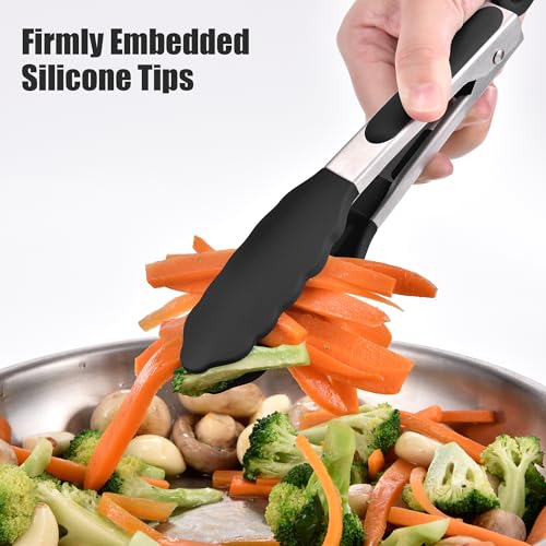 Kitchen Tongs with Silicone Tips for Cooking Serving (7in / Black)