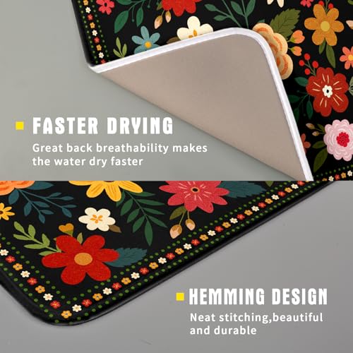 Boho Floral Dish Drying Mat 16x18 Inch Colorful Flower Dishes Dry Mats Absorbent Washable Drainer Rack Pad Protective Kitchen Counter Decor (Black Boho Floral / 16" x 16")
