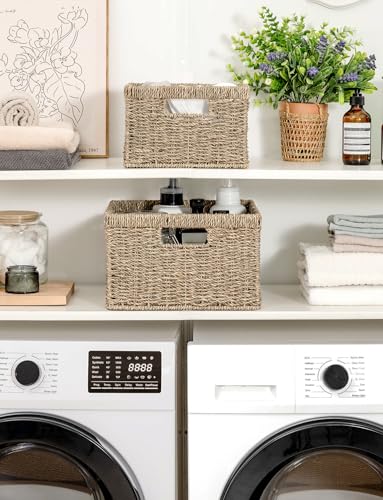 Wicker Storage Baskets for Shelves (Natural (Seagrass) / 11½"L x 11½"W x 7"H + 9¾"L x 9¾"W x 6½"H)