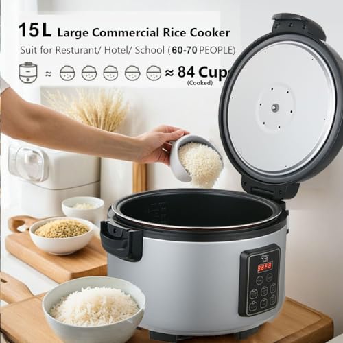 15L Commercial Rice Cooker & Warmer (Silver & Black / 84 Cups Cooked - Smart Rice Cooker & Warmer)