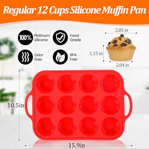 Silicone Muffin Pan with Metal Reinforced Frame Regular Size Muffin Pan with Handle Easy to Move 12 Cups for Baking Nonstick Muffin Tin BPA Free 1 Pack Red (Metal Framed: 12-Cup Regular)