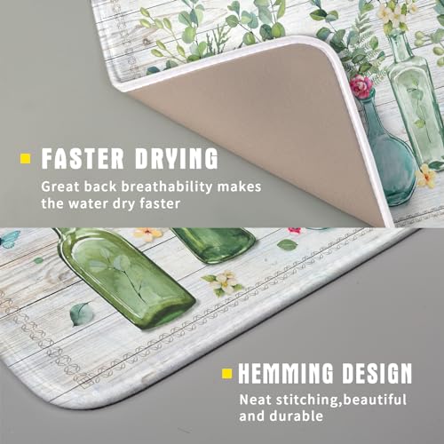 Fern Leaf Vase Dish Drying Mat 16x18 Inch Eucalyptus Leaves Microfiber Absorbent Dish Drainer Mat Reversible Drying Pad for Kitchen Counter Sink (Fern Leaf Vase / 16" x 18")