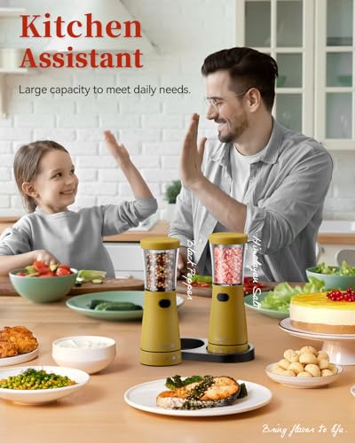 Electric Salt and Pepper Grinder Set with Storage Base (Yellow)