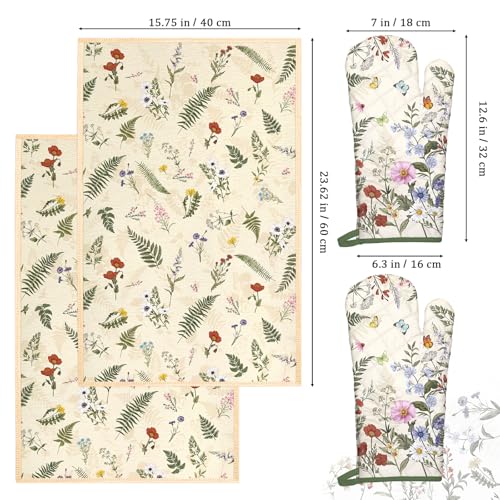 Rustic Flower Kitchen Towels and Oven Mitts Set 4Pcs (Flower)