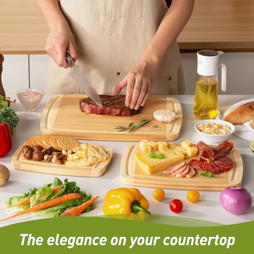 Bamboo Cutting Board Set Non Slip Feet Over Sink Tablas Para Picar Cocina Tabua Madeira Corte Carne Bambu Alimentos Cortar Madera Juego Regalos Cumpleaños Navidad Mujer Mama Abuela Hombre Papa (3-Piece / Two-Tone Bamboo)