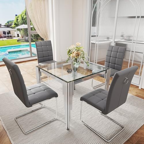 37'' Square Glass Dining Table Set for 4 (5PCS-37.01” L x 37.01” W x 29.53” H / Clear Silver - Grey Chair)