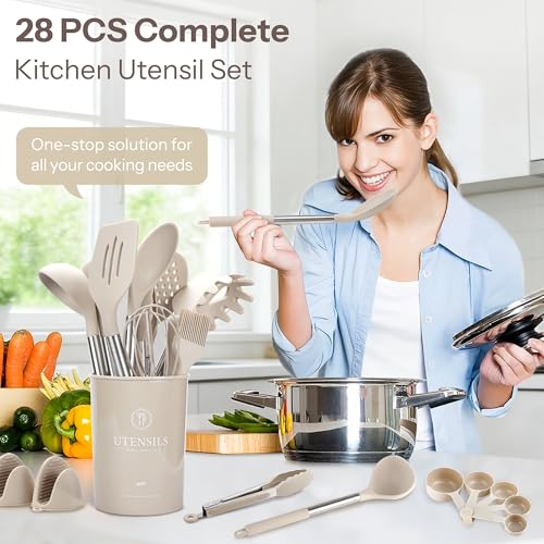 28 Piece Silicone Kitchen Utensils Set with Stainless Steel Handles (Khaki / 28 Piece)