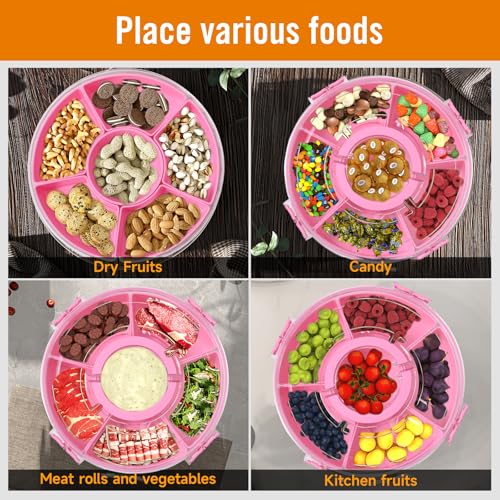 Divided Rotating Serving Tray with Lid and Handle (Pink)