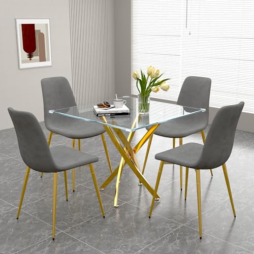 36" Square Glass Dining Table Set for 4 (Gold Square Table/Grey Velvet Chairs / 5 Pieces)