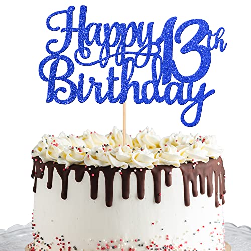 1 PCS Happy 13th Birthday Cake Topper Glitter Cheers to 13 Years Birthday Cake Pick Official Teenager 13 Fabulous Cake Decoration for Happy 13th Birthday Theme Party Decorations Supplies Blue (Blue / 13th)